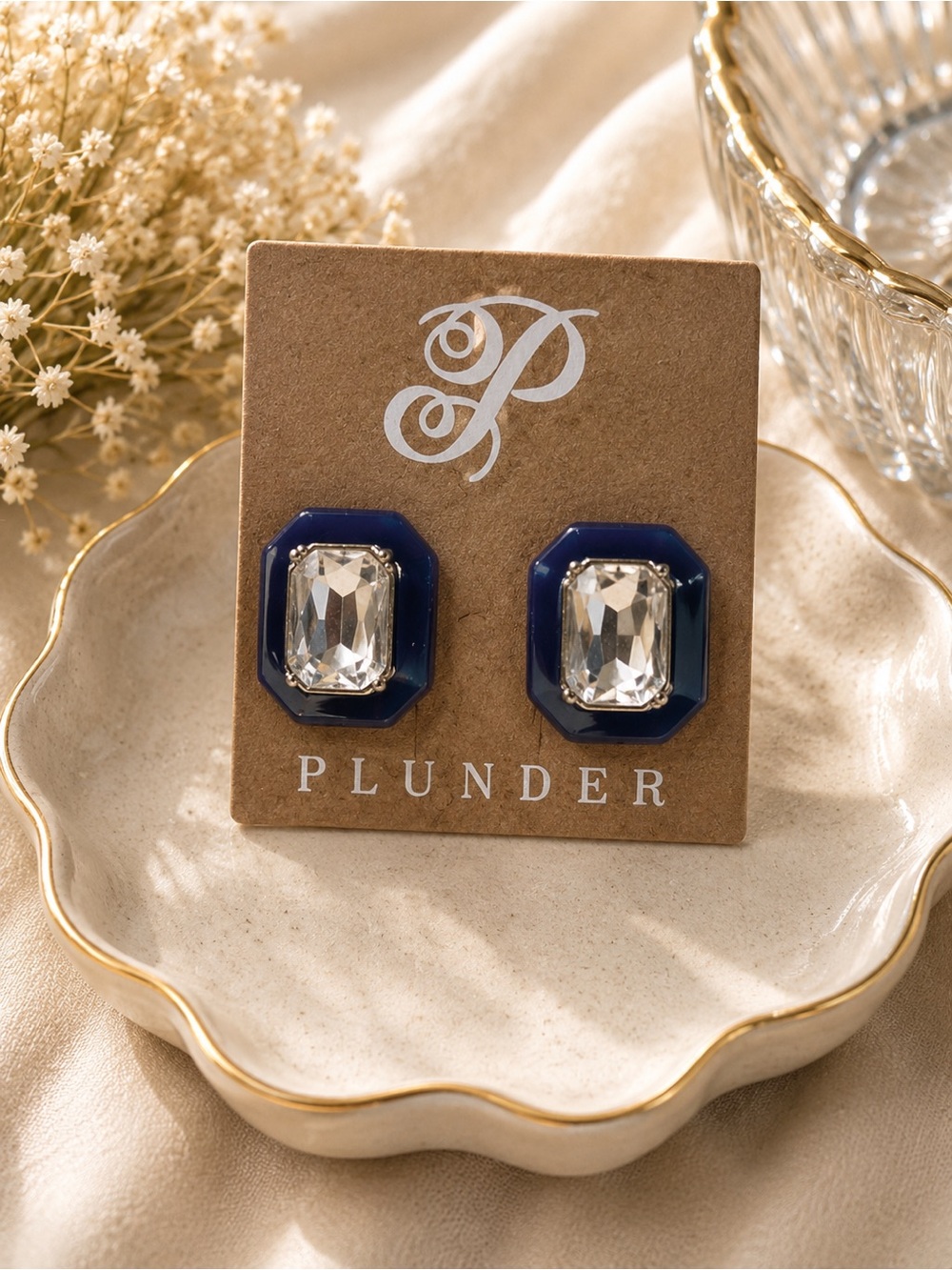 Plunder Blue Acrylic and Clear Crystal Stud Earrings